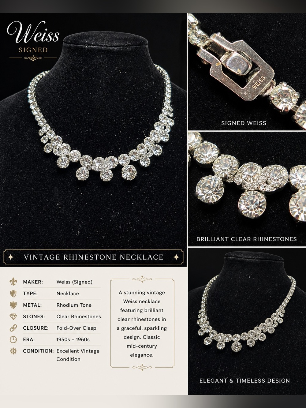 Authentic 1950s Weiss Rhinestone Statement Necklace - Old Hollywood Bridal Glam